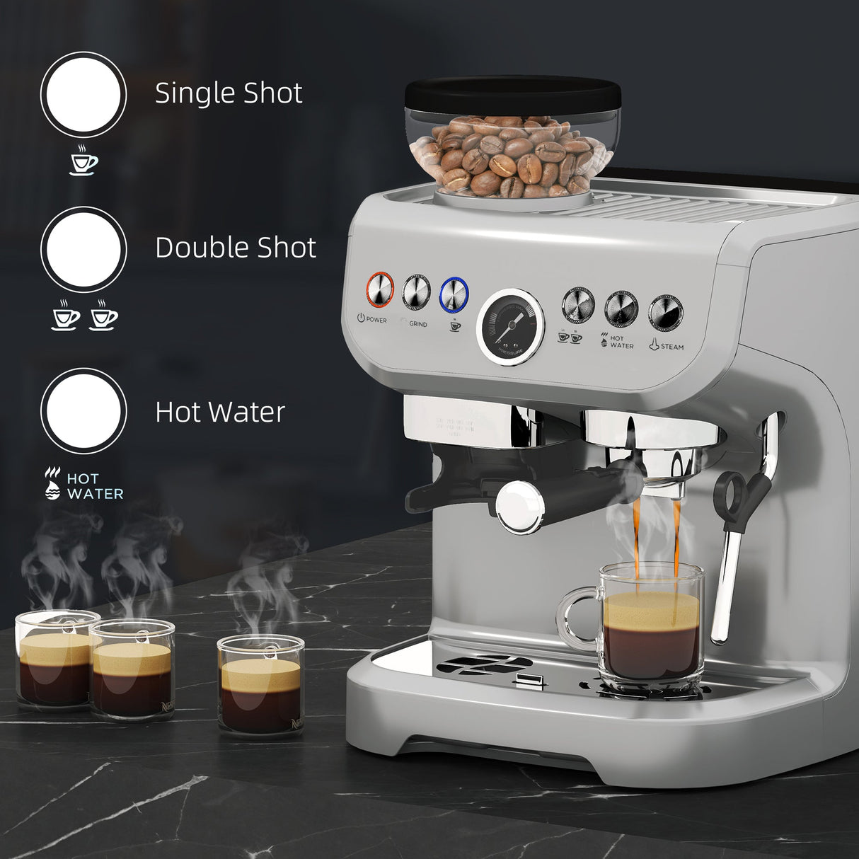 Wise Galleria Coffee Machine featuring options for single shot, double shot, and hot water