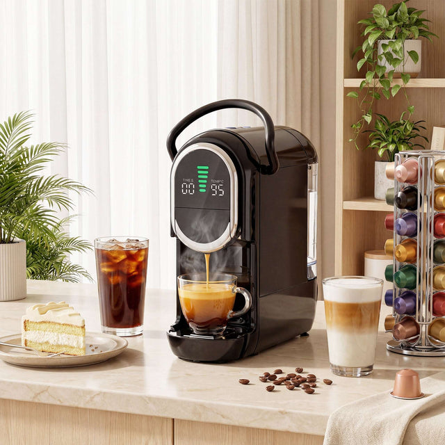 Wise Galleria Coffee Machine in black brewing espresso next to desserts and coffee cups