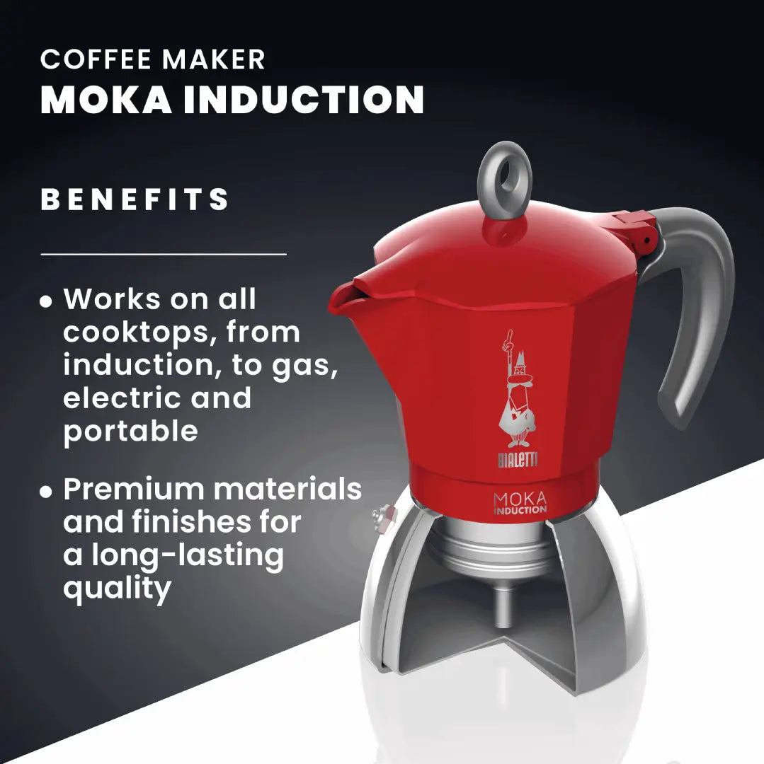 Bialetti Moka Induction Coffee Maker in red, suitable for all cooktops for quality brewing.