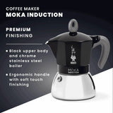 Bialetti Moka Induction Coffee Maker with black upper body and chrome stainless steel boiler