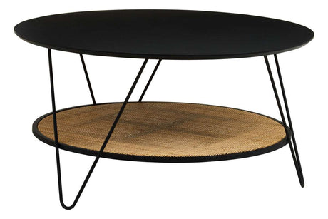 Orsina Coffee Table with a black round top and woven shelf for stylish living room decor