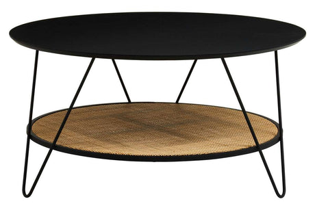Orsina Coffee Table with a sleek black top and woven basket shelf for stylish living room decor