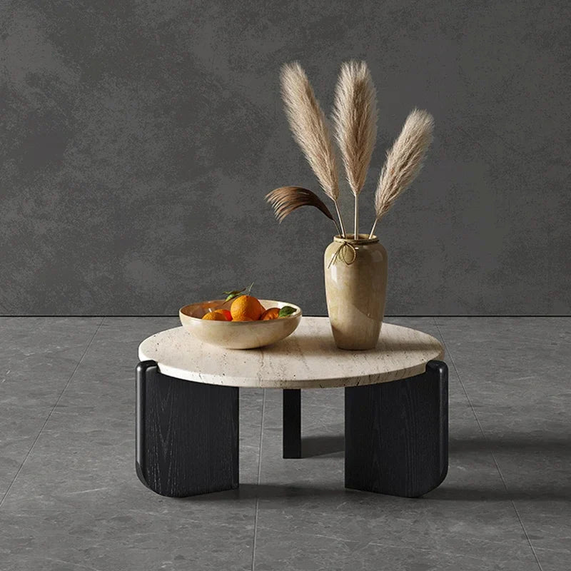 Stylish Nisu Home Coffee Table with a round marble top and black wooden legs, perfect for modern interiors