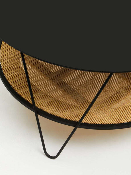 Orsina Coffee Table with Black Metal Frame and Woven Cane Shelf for Modern Living Spaces