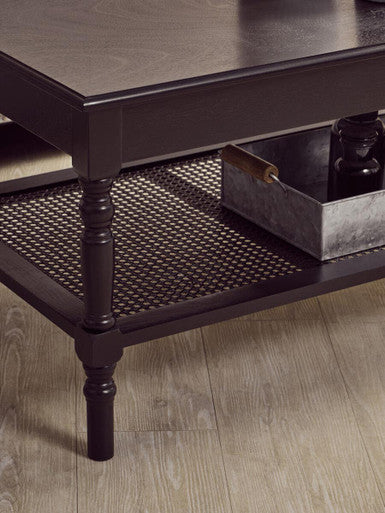 Orsina Coffee Table in dark finish with decorative open shelf and sturdy legs