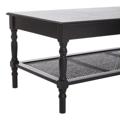 Orsina Coffee Table in black with a mesh shelf and elegant turned legs for contemporary living rooms