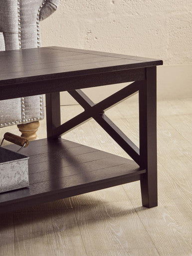 Orsina Coffee Table with Dark Wood Finish and Lower Shelf for Storage and Decorative Items