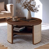 Nisu Home Round Wooden Coffee Table with Rattan Sides and a Lower Shelf for Storage
