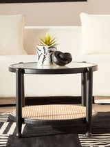Orsina Coffee Table with Glass Top and Woven Basket Shelf in a Modern Living Room Setting