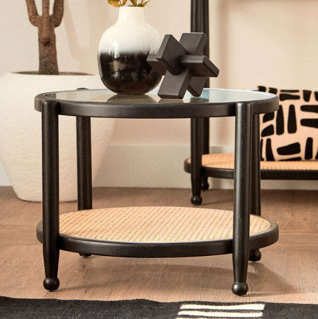 Orsina Coffee Table with Glass Top and Rattan Shelf for Stylish Living Room Decor