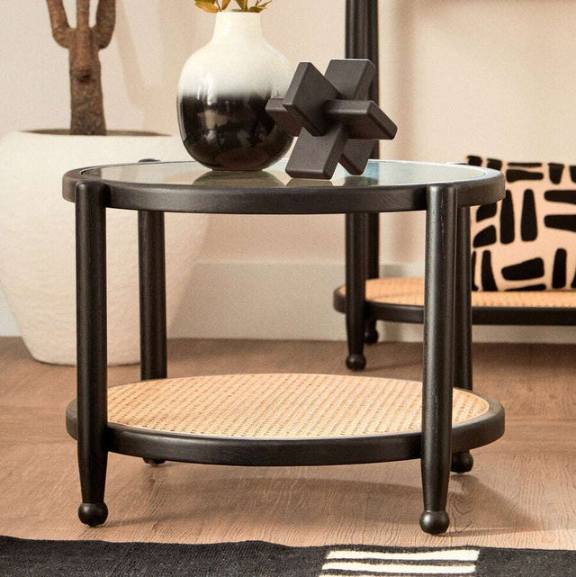 Orsina Coffee Table with Glass Top and Rattan Shelf for Stylish Living Room Decor