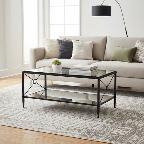 Orsina Coffee Table with Glass Top and Black Metal Frame, perfect for modern living rooms