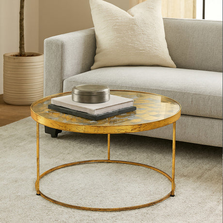 Orsina Gold Coffee Table with Glass Top and Circular Base, perfect for modern living rooms