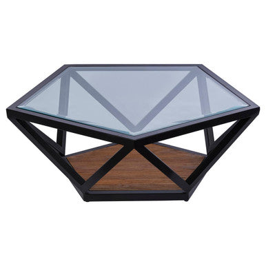 Orsina Coffee Table with a unique diamond shape design and glass top featuring a wooden shelf