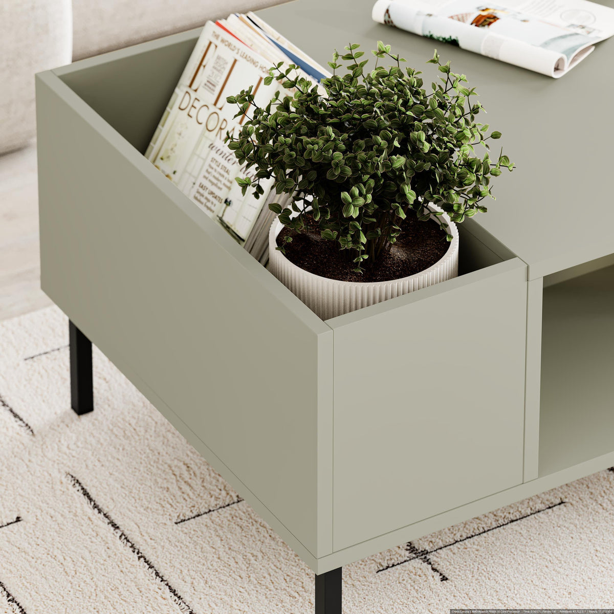 Decortie Coffee Table in Green with Storage and a Decorative Plant for Modern Living Spaces