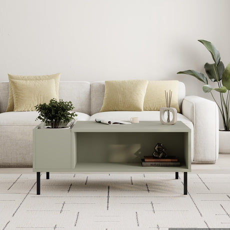 Decortie Coffee Table in soft green with open shelf and planter for modern living rooms