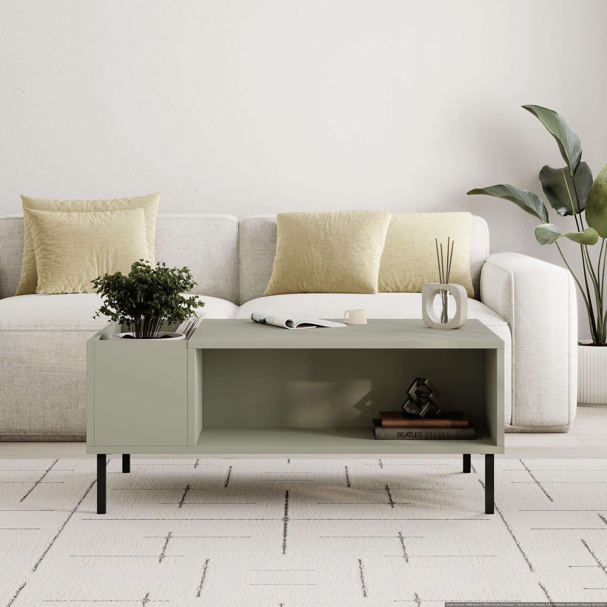 Decortie Coffee Table in soft green with open shelf and planter for modern living rooms