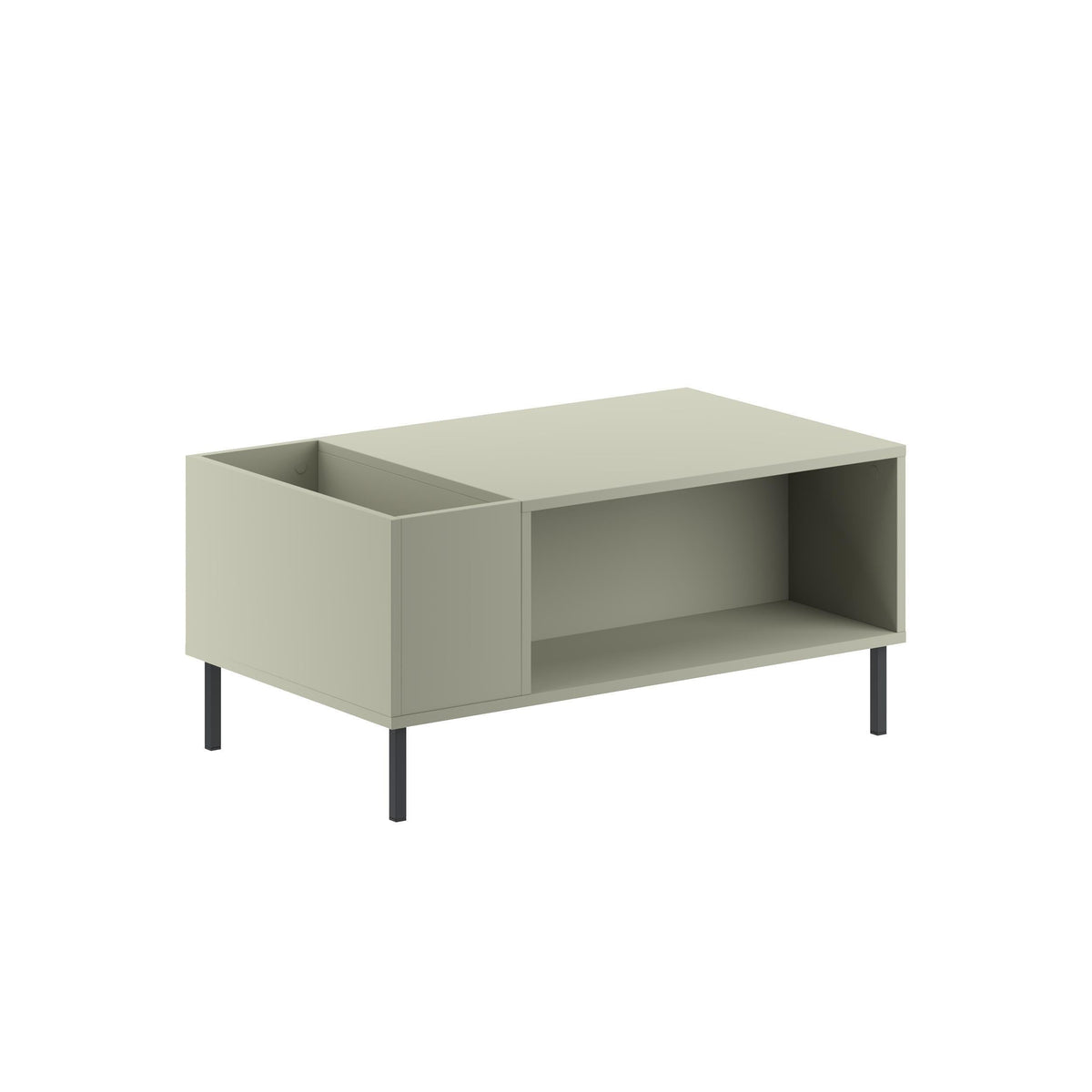 Modern Decortie Coffee Table in muted green with open storage compartments and sleek legs