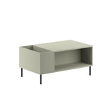 Modern Decortie Coffee Table in muted green with open storage compartments and sleek legs