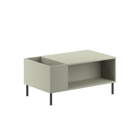 Modern Decortie Coffee Table in muted green with open storage compartments and sleek legs