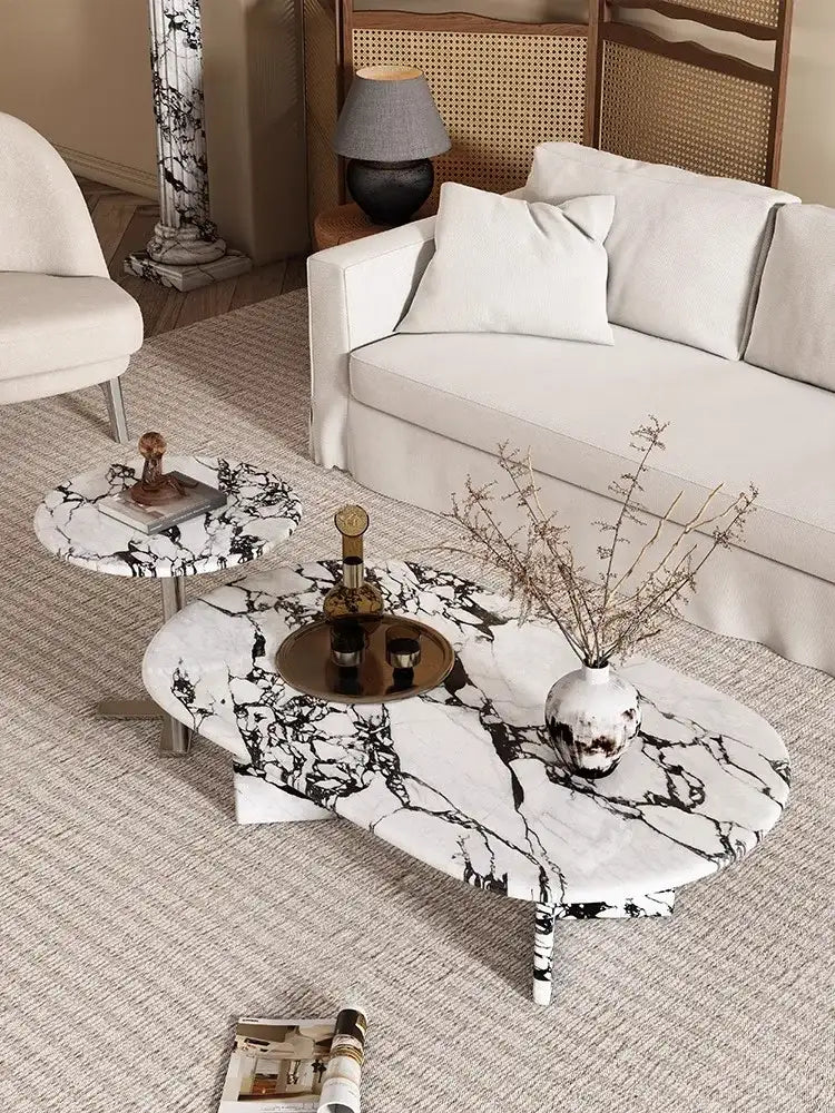 Stylish Nisu Home Coffee Table in Marble Design with Elegant Curves and Metal Legs