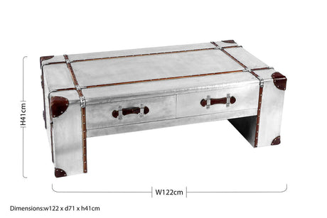 Orsina Coffee Table with Aluminium Finish and Two Drawers, Dimensions 122cm x 71cm x 41cm