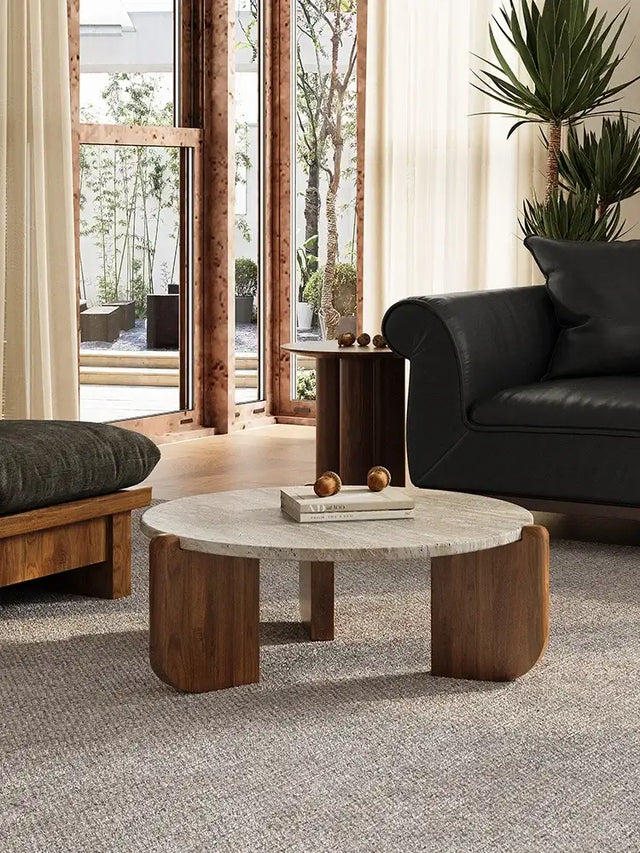 Nisu Home Round Coffee Table with Natural Stone Top and Wooden Legs for Modern Living Rooms