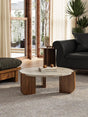 Nisu Home Round Coffee Table with Natural Stone Top and Wooden Legs for Modern Living Rooms