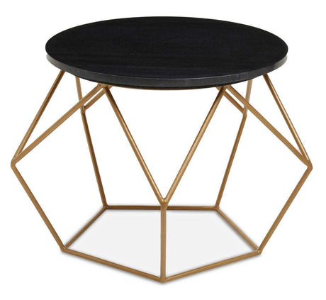 Orsina Coffee Table with a sleek black top and geometric gold base, perfect for modern living spaces