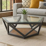 Orsina Hexagonal Coffee Table with Glass Top and Wooden Base for Modern Living Rooms