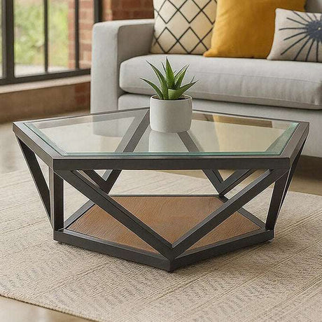 Orsina Hexagonal Coffee Table with Glass Top and Wooden Base for Modern Living Rooms