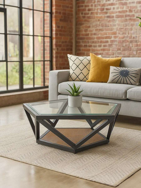 Orsina Hexagonal Coffee Table with Glass Top and Black Metal Frame for Modern Living Rooms