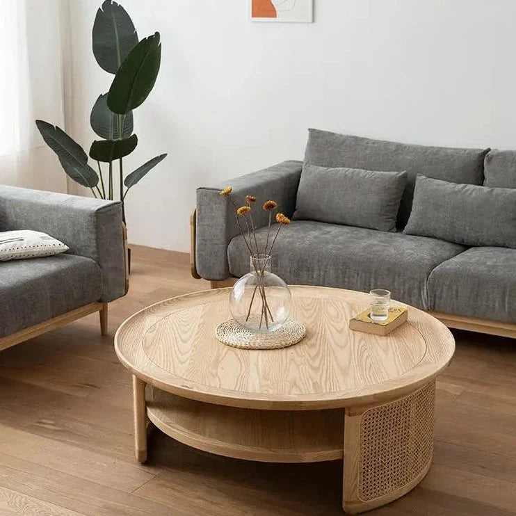 Nisu Home Round Coffee Table in Light Wood with Rattan Details for Modern Living Rooms