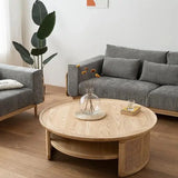 Nisu Home Round Coffee Table in Light Wood with Rattan Details for Modern Living Rooms