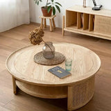 Nisu Home Round Wooden Coffee Table with Rattan Detailing and Minimalist Design