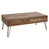 Orsina Coffee Table in rustic wood finish with gold geometric accents and two drawers