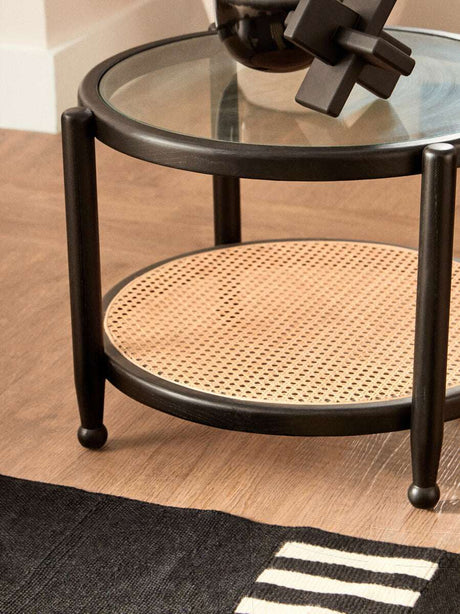 Orsina Coffee Table with Glass Top and Rattan Shelf, Stylish Addition to Living Rooms