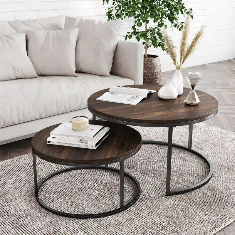 Nisu Home Coffee Table Set featuring an elegant design with round wooden tops and metal bases