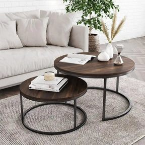 Nisu Home Coffee Table Set featuring an elegant design with round wooden tops and metal bases