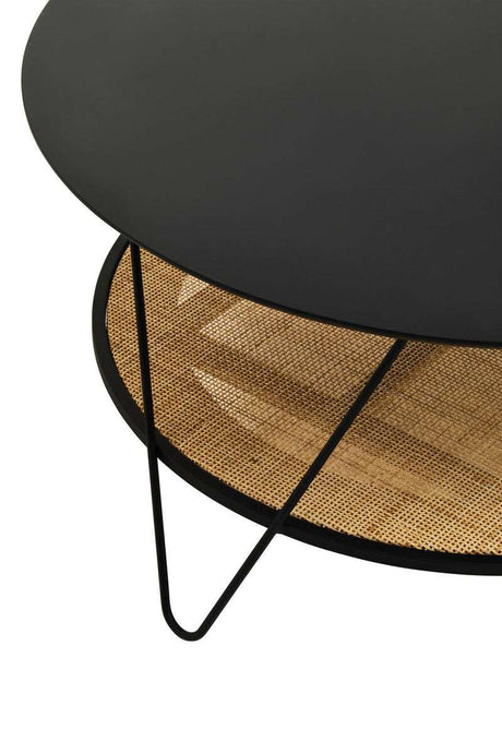 Orsina Coffee Table with a sleek black top and woven cane storage shelf underneath
