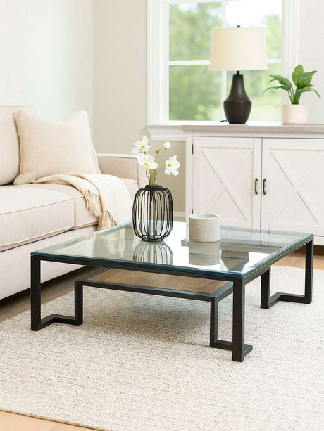 Orsina Coffee Table with Glass Top and Stylish Black Frame for Modern Living Rooms