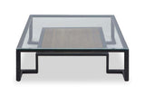 Orsina modern Coffee Table featuring a sleek glass top and elegant wooden centrepiece