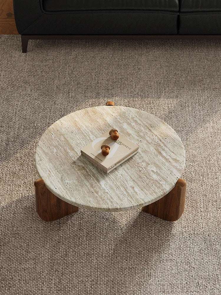 Nisu Home Circular Coffee Table with a Natural Stone Top and Wooden Legs for Stylish Living Rooms