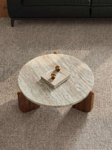 Nisu Home Circular Coffee Table with a Natural Stone Top and Wooden Legs for Stylish Living Rooms