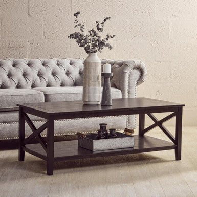 Orsina Coffee Table with Classic Design, Crossed Legs, and Storage Shelf for Living Rooms