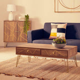 Orsina Coffee Table with Two Drawers and Golden Legs in a Modern Living Room Setting