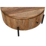 Verty Furniture Coffee Table with a unique round design and textured wood finish, featuring storage drawers