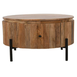 Verty Furniture Round Wooden Coffee Table with Ribbed Design and Black Metal Legs