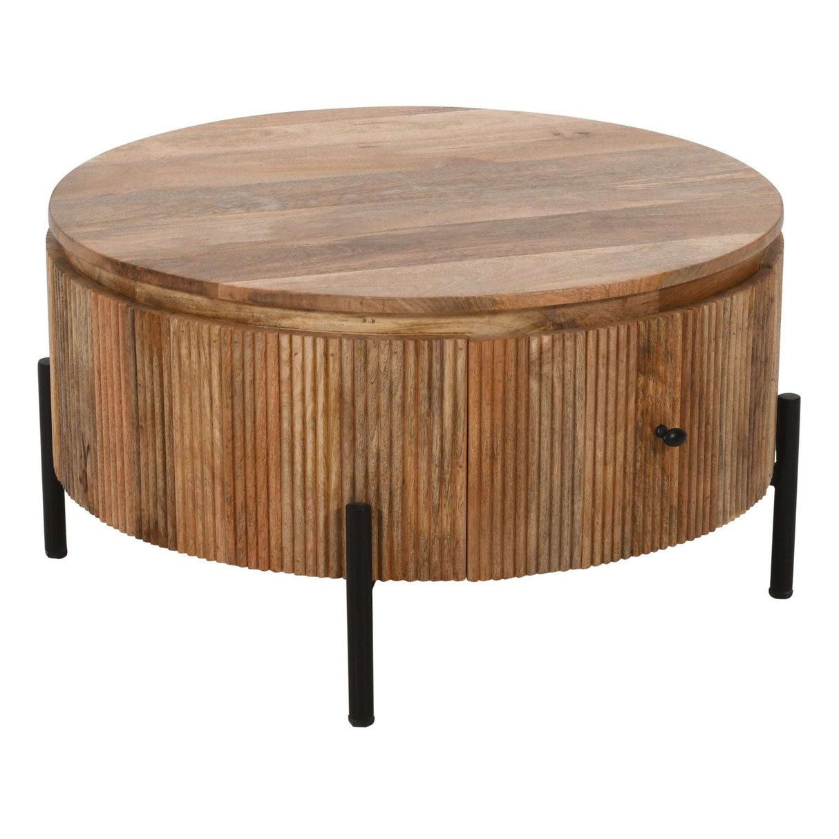 Verty Furniture Round Coffee Table with Textured Wooden Surface and Black Legs for Modern Living Rooms