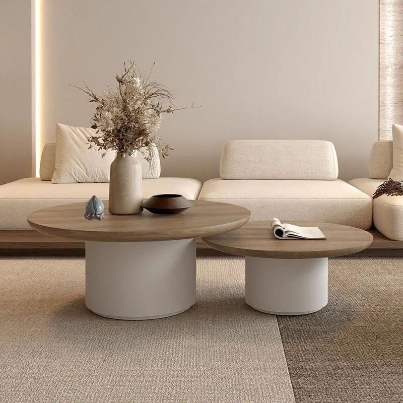 Modern Nisu Home Coffee Table Set with Wooden Top and Round White Base for Stylish Living Rooms